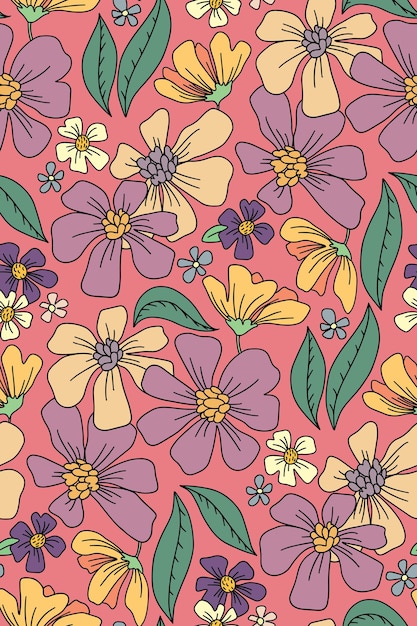 Seamless pattern with retro plants Floral pattern with various flowers and leaves in hippie style Cute meadow surface with contour flowers Vector illustration