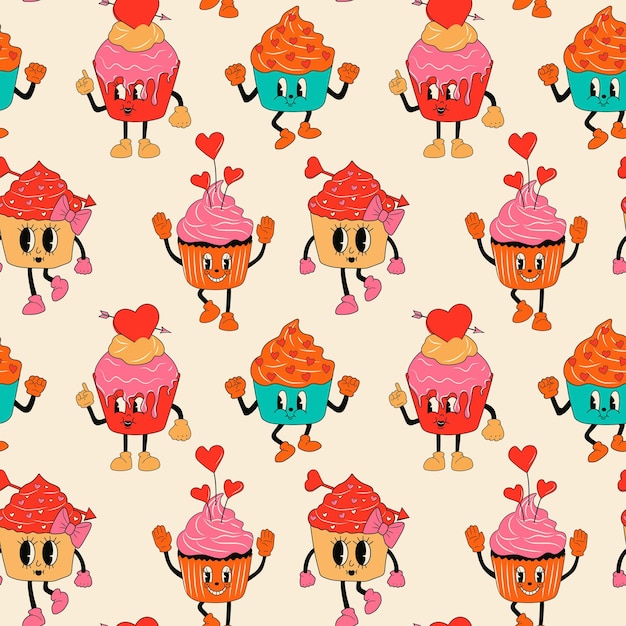 Seamless pattern with Retro set cupcake 30s cartoon mascots characters -. 40s, 50s, 60s 