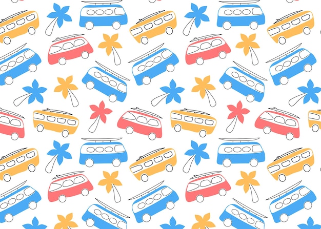 Seamless pattern with retro vans and palm trees