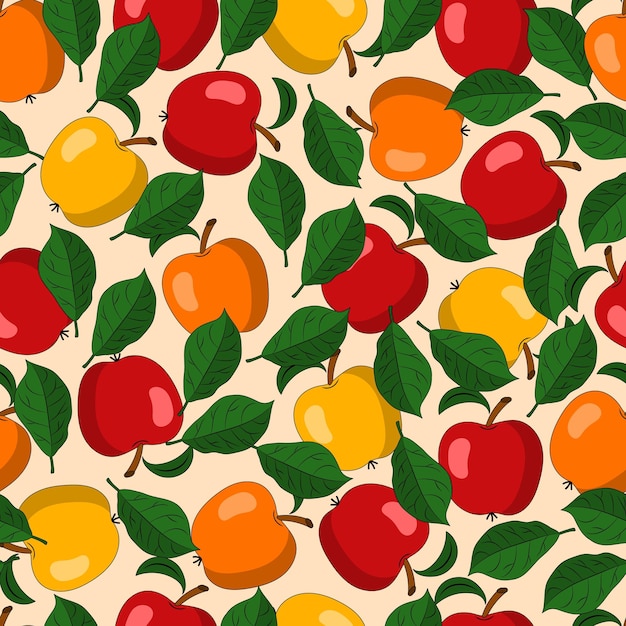 Seamless pattern with ripe red orange yellow apples and green leaves