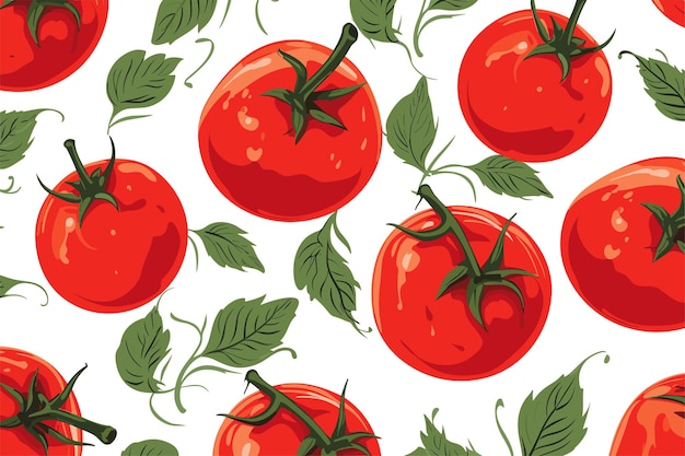 Seamless pattern with ripe tomatoes and leaves Vector illustration