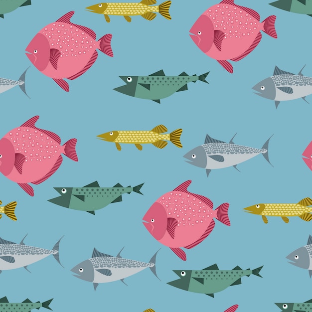 Seamless pattern with river and sea fishes - pike, tuna, flounder and salmon