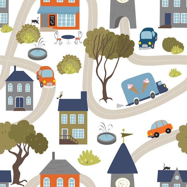 Seamless pattern with road and cars City life Cityscape with houses and trees Print for children