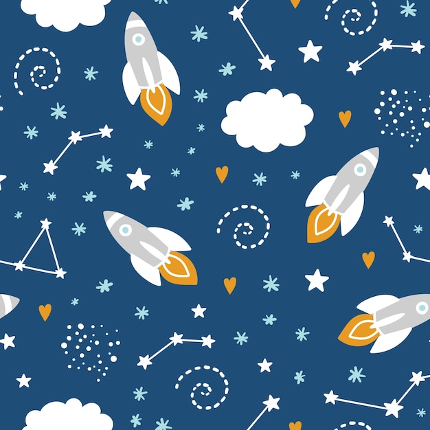 Seamless pattern with rocket and stars in space