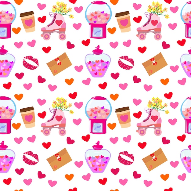 seamless pattern with rollers jar of hearts gumball machine letter and kiss