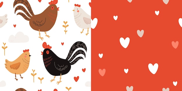 Seamless pattern with rooster hen and chicks Chicken with brood Cute lovely family of domestic fowl or poultry birds Childish flat cartoon vector illustration