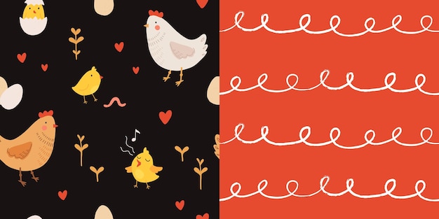 Seamless pattern with rooster hen and chicks Chicken with brood Cute lovely family of domestic fowl or poultry birds Childish flat cartoon vector illustration