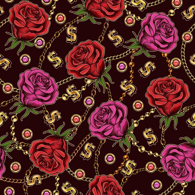 Seamless pattern with roses chains dollar sign