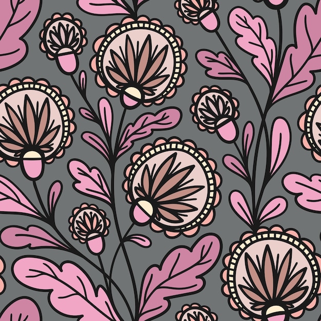 SEAMLESS PATTERN WITH ROUND FLOWERS ON A GRAY BACKGROUND IN VECTOR