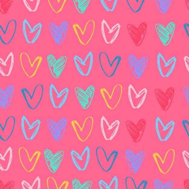 Seamless pattern with rows of hand drawn multicolored heart shapes on pink background for gift wrap and other design projects Love romance Valentines Day concept