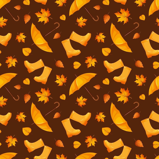 Seamless pattern with rubber boots umbrella and autumn leaves in yellow on brown dark background