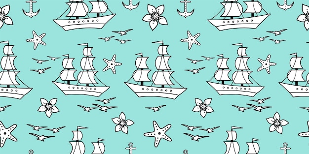 Seamless pattern with sailship anchor and flowers Cute Marine pattern for fabric baby clothes background textile wrapping paper and other decoration Vector illustration blue pastel colors