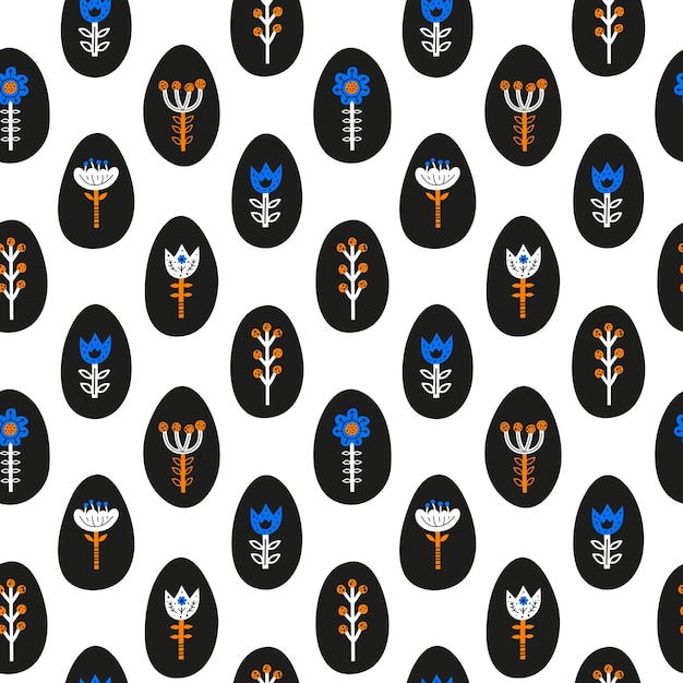 Seamless pattern with Scandinavian flowers berries in eggs