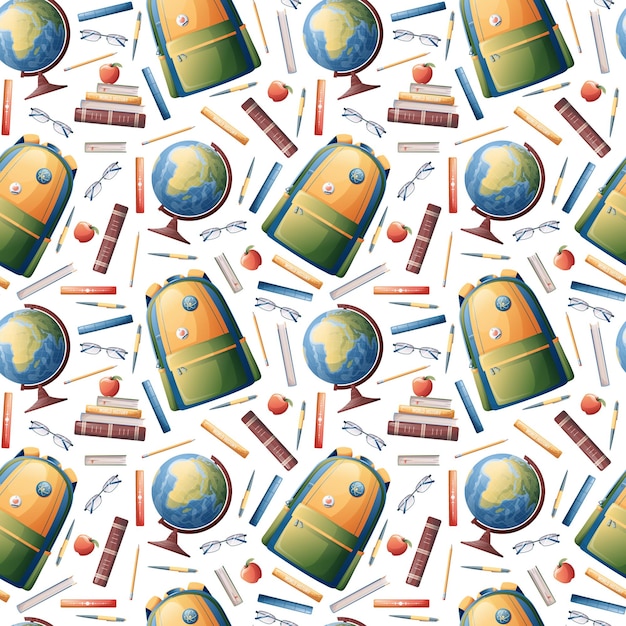 Seamless pattern with a school backpack textbooks a globe on a white background Back to school