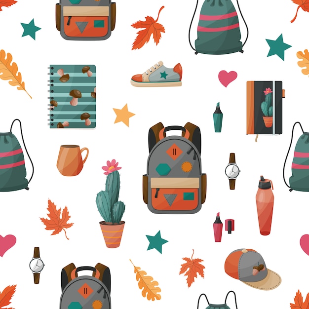 Seamless pattern with school and sport supplies for boys.