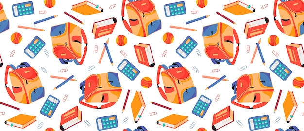 Seamless pattern with school supplies Briefcase pencils calculator Vector illustration