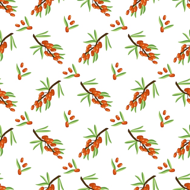 Seamless pattern with sea buckthorn on white background Print of useful small orange berries on branch with leaf summer or autumn harvest in garden Vector flat illustration