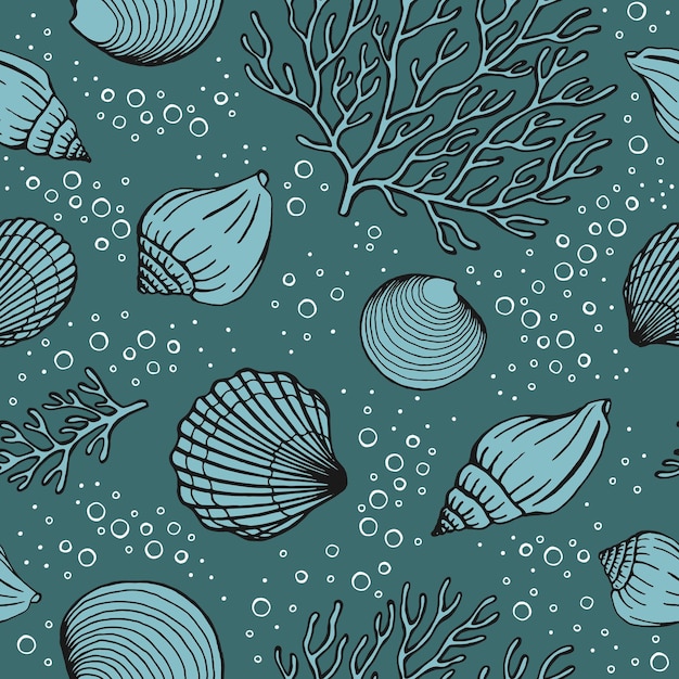 Seamless pattern with seashells corals Marine background Vector illustration in sketch style