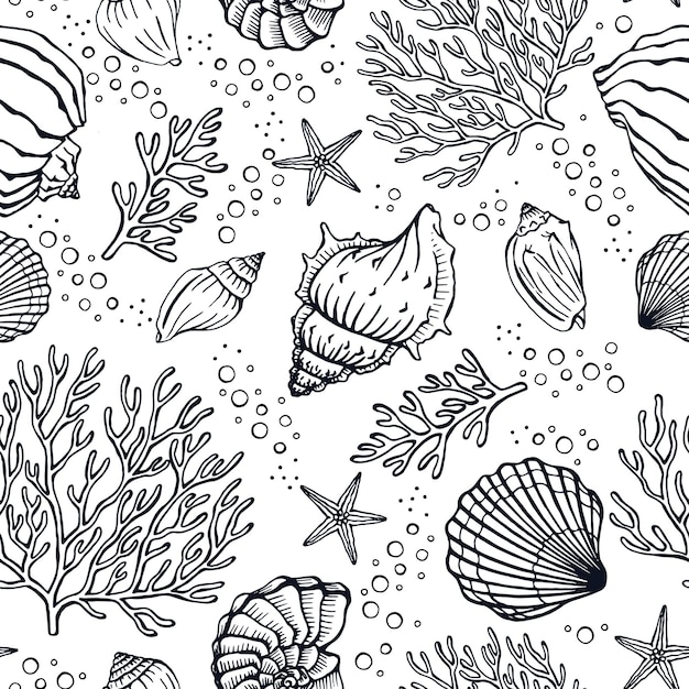 Seamless pattern with seashells corals and starfishes Marine background Perfect for greetings invitations manufacture wrapping paper textile and web design