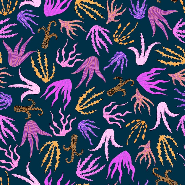 Seamless pattern with seaweed in doodle style