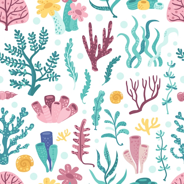 Seamless pattern with seaweeds and corals