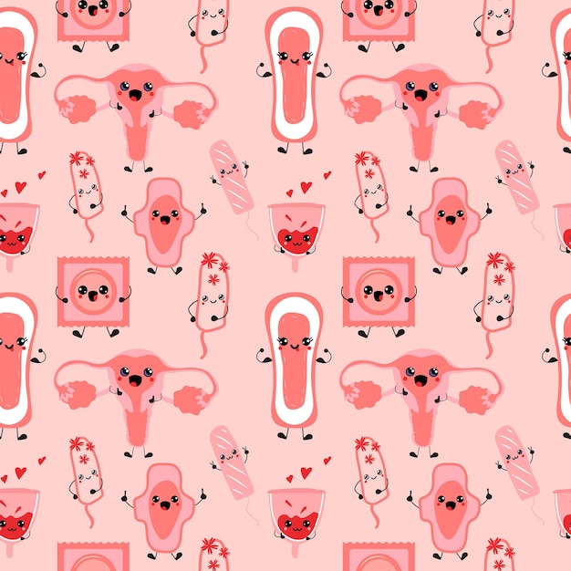 Seamless pattern with Set of Cute kawaii female Menstrual cup with hearts, female pad, tampon