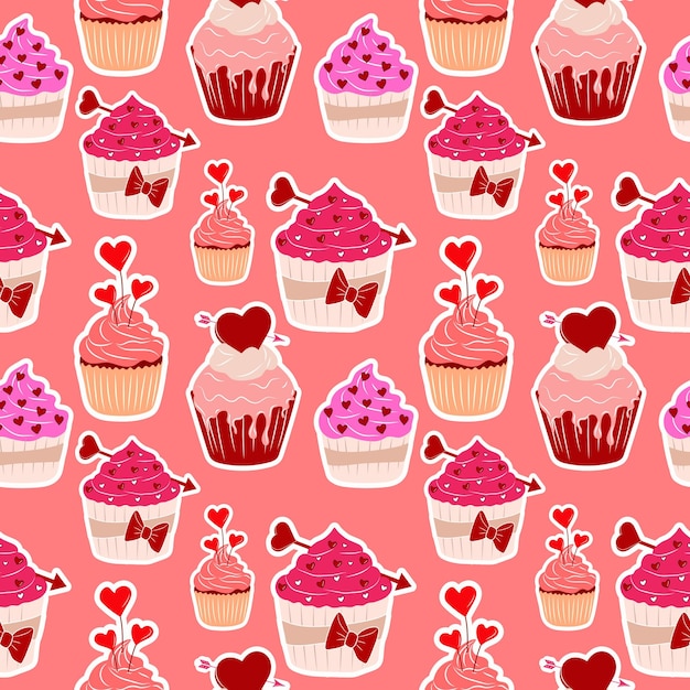 Seamless pattern with Set of four Valentine's Day cupcake icon with flat style heart 