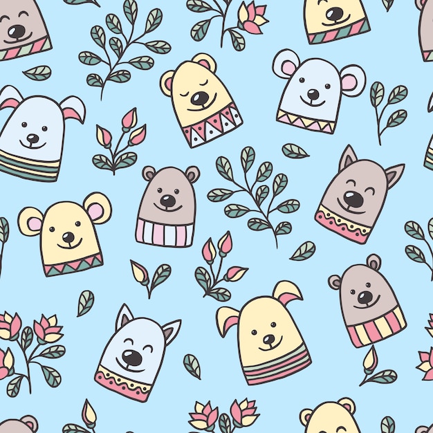 Seamless pattern with set of funny cute animals scandinavian style