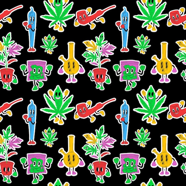 Seamless pattern with Set of stickers Cartoon mascot character. Medical cannabis, weed,Bong, glass