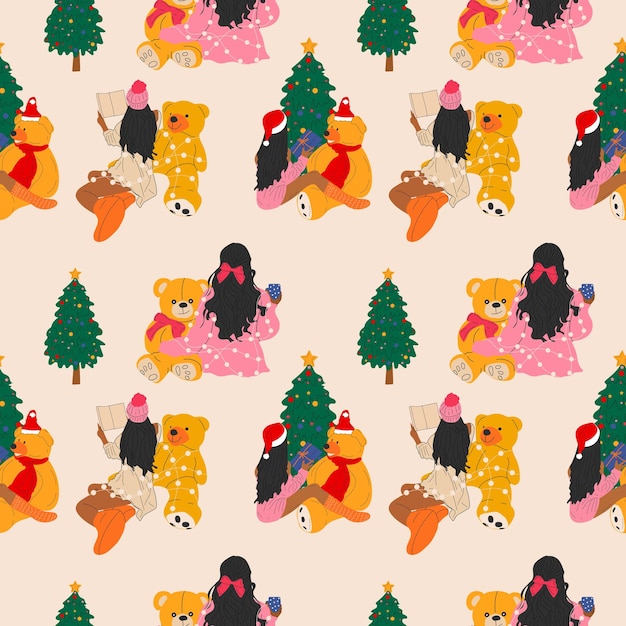 Seamless pattern with  Set of three Girls that are sits with a teddy bear wrapped in a garland