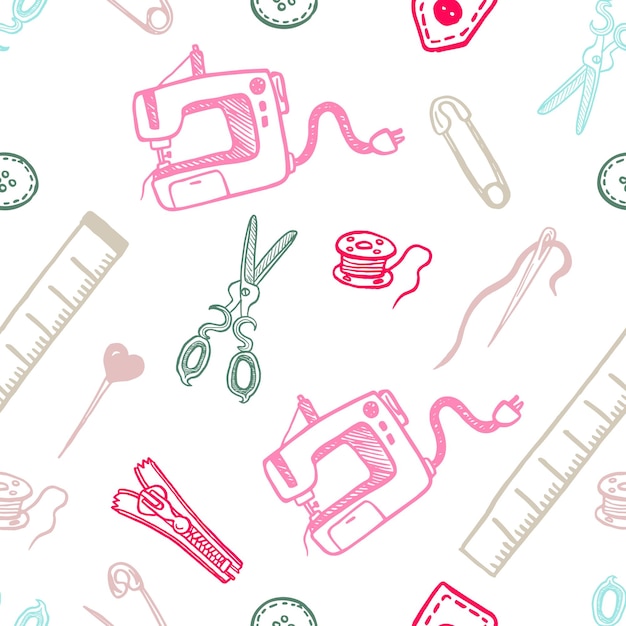 Seamless pattern with sewing tools linear icons scattered on white background Outline seamstress supplies for tailoring and needlework Handmade kids clothes wrapping paper design