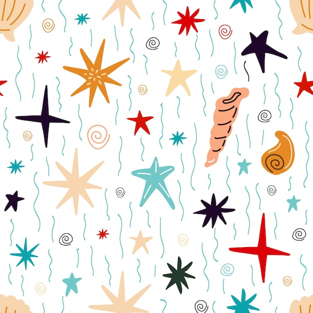 Seamless pattern with shells corals starfish on a blue background