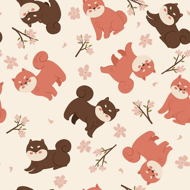 Seamless pattern with shiba inu and cherry flowers