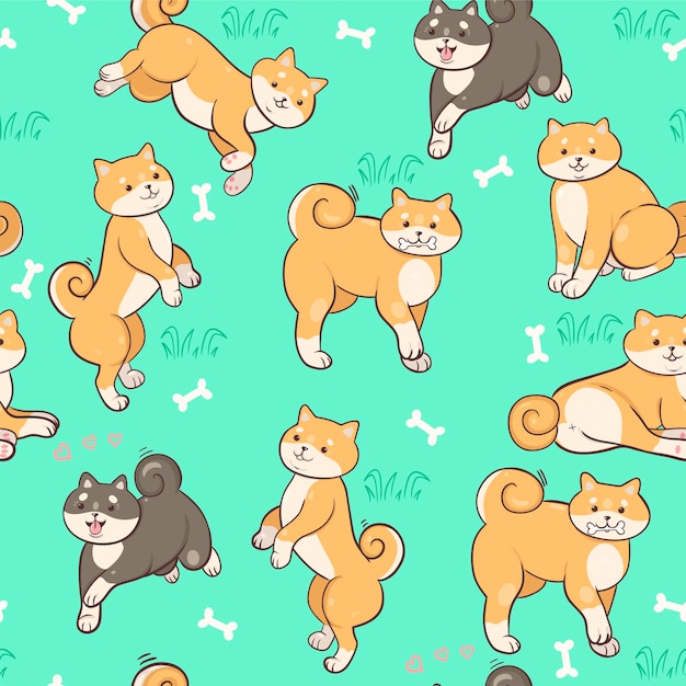 Seamless pattern with shiba inu on a green background.