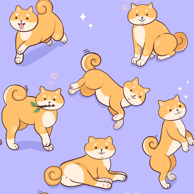 Seamless pattern with shiba inu on a purple background.  graphics.