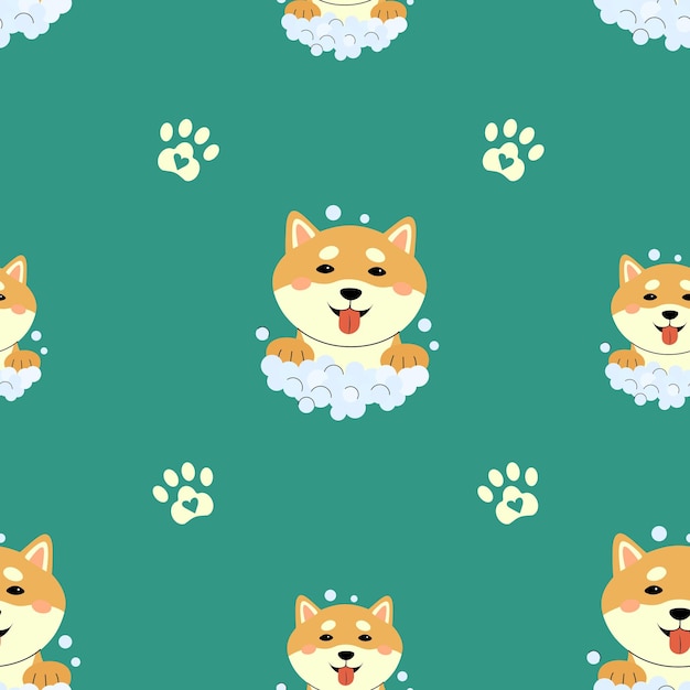 Seamless pattern with shiba inu soap bubbles and paw print Green vector background with funny puppies in handdrawn style Pattern for children's bathroom pajamas bedroom or animal pet shop