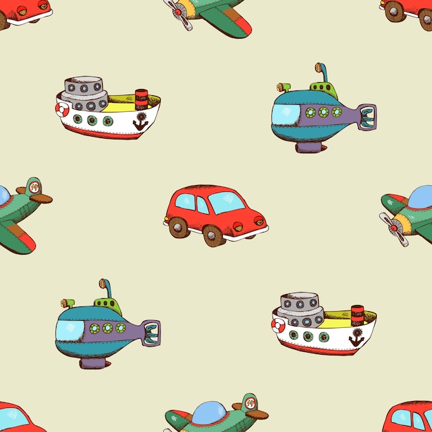 Seamless pattern with ship, car and plane. Transport 