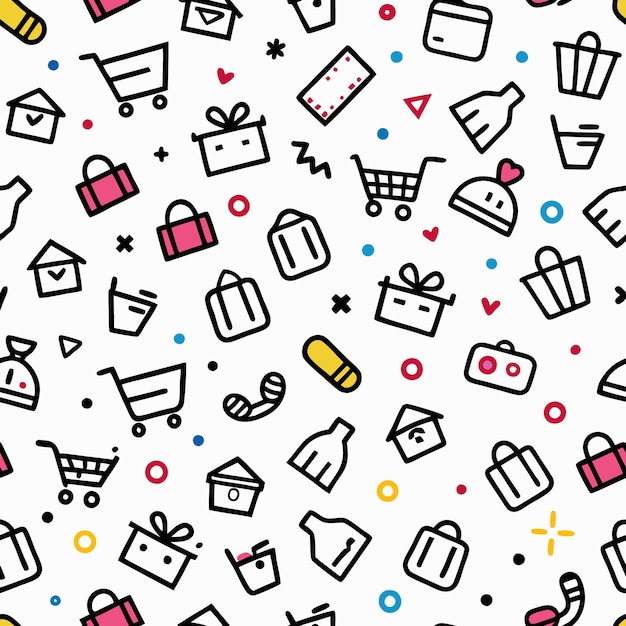 Vector seamless pattern with shopping cart gift box bag house and other icons