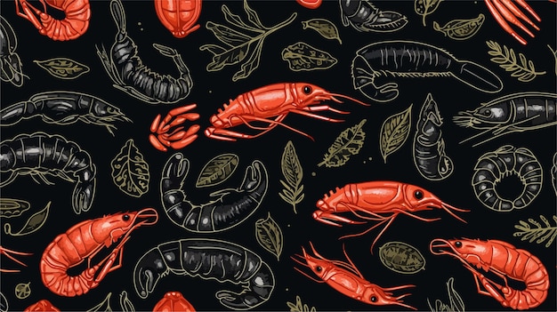 Vector seamless pattern with shrimp fish crabs and mussels