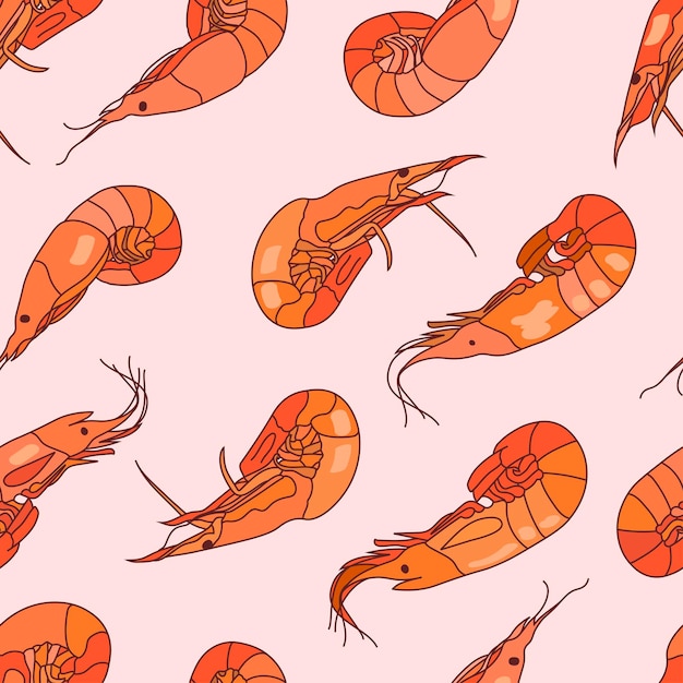 Seamless pattern with shrimps Vector illustration Sea food Market menu restaurant decoration