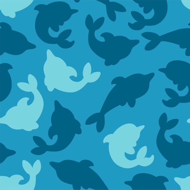 Seamless pattern with silhouettes of dolphins in blue background Minimalistic design with dolphins