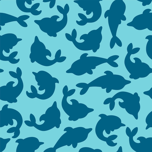 Seamless pattern with silhouettes of dolphins in light blue background