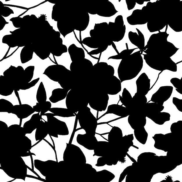 Seamless pattern with silhouettes of magnolia flowers on black background Floral vector illustration