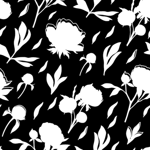 Seamless pattern with silhouettes of peony flowers buds and leaves Mono contrast vector pattern