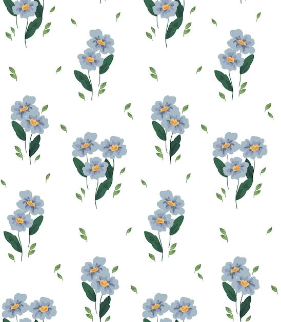 Seamless pattern with simple blue flowers Small floral arrangements of plants in a cartoon style on a white background Delicate springsummer print Vector