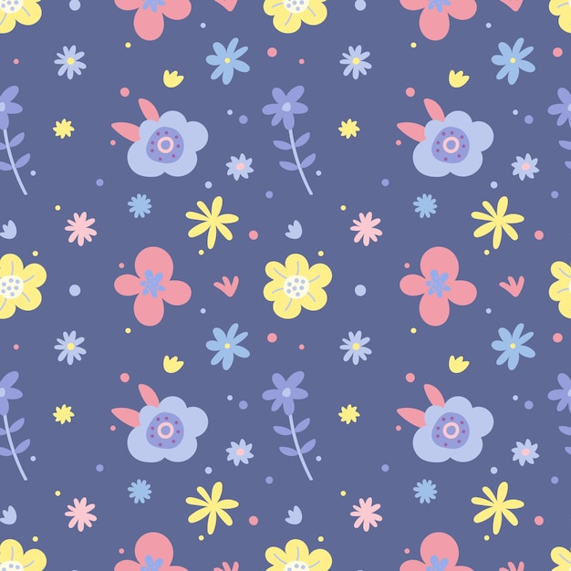 Seamless pattern with simple daisy flowers in pastel colors on a violet background Floral modern print for fabric wallpaper textile wrapping