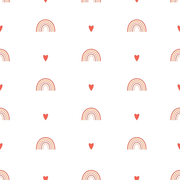 Seamless pattern with simple rainbows and hearts The simple minimalistic background is perfect for wrapping paper children's textiles Vector isolated on a white background