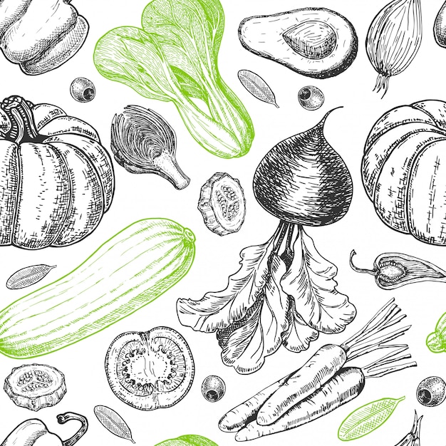 Seamless pattern with sketch of vegetables. Vegetables background. Healthy food. Vegetables on white background.  illustration