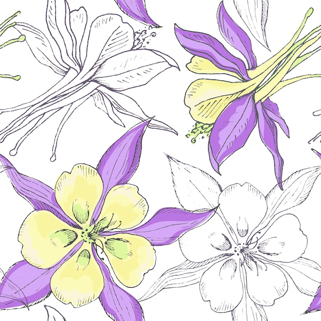 Seamless pattern with sketching hand drawn blooming flowers.