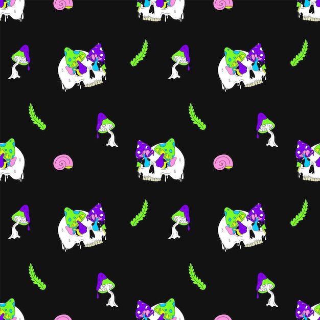 Seamless pattern with skull and mushrooms Bright neon colors on a dark background The hippie concept